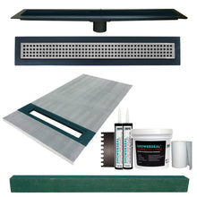 Load image into Gallery viewer, 36” x 60” Linear Shower Kit (Includes: 36”x72” ShowerSlope™ • ShowerSeal® Liquid Liner Membrane 50 SF • 2-Tubes Polyurethane Sealant • 6”x75’ Gauging Fabric • ¾” U-Notched Trowel • Linear Drain Grate/Body • 4” x 4” x 61” HardCurb®)
