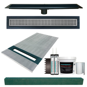 36” x 60” Linear Shower Kit (Includes: 36”x72” ShowerSlope™ • ShowerSeal® Liquid Liner Membrane 50 SF • 2-Tubes Polyurethane Sealant • 6”x75’ Gauging Fabric • ¾” U-Notched Trowel • Linear Drain Grate/Body • 4” x 4” x 61” HardCurb®)