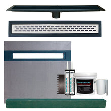 Load image into Gallery viewer, 42” x 61” Linear Shower Kit (Includes: 42”x61” ShowerSlope™ • ShowerSeal® Liquid Liner Membrane 50 SF • 2-Tubes Polyurethane Sealant • 6”x75’ Gauging Fabric • ¾” U-Notched Trowel • Linear Drain Grate/Body • 4” x 4” x 61” HardCurb®)
