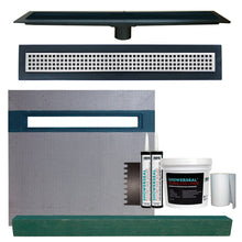 Load image into Gallery viewer, 42” x 61” Linear Shower Kit (Includes: 42”x61” ShowerSlope™ • ShowerSeal® Liquid Liner Membrane 50 SF • 2-Tubes Polyurethane Sealant • 6”x75’ Gauging Fabric • ¾” U-Notched Trowel • Linear Drain Grate/Body • 4” x 4” x 61” HardCurb®)
